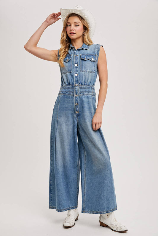 DENIM SLEEVELESS SHIRT JUMPSUIT
