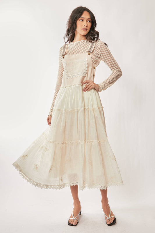 FRONT POCKET EMBROIDERED LACE PINAFORE DRESS