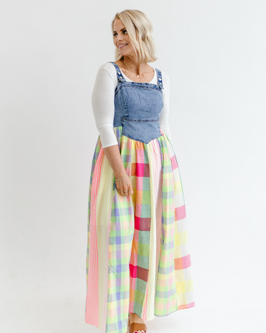 Stripe Plaid Denim Accent Midi Dress