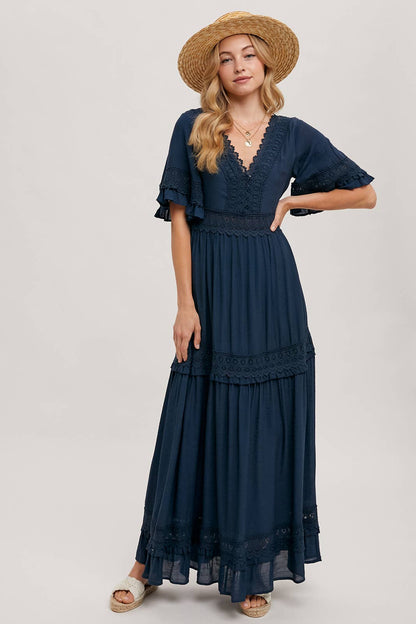 V-NECK LACE TRIM MAXI DRESS