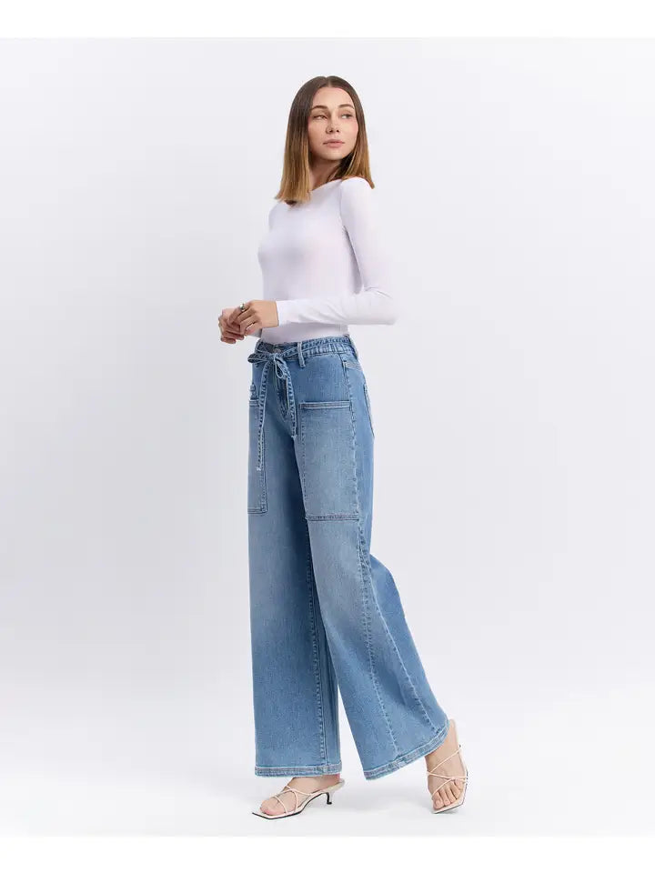 High Rise Elastic Tie Waistband Baggy Wide Jeans