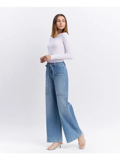 High Rise Elastic Tie Waistband Baggy Wide Jeans