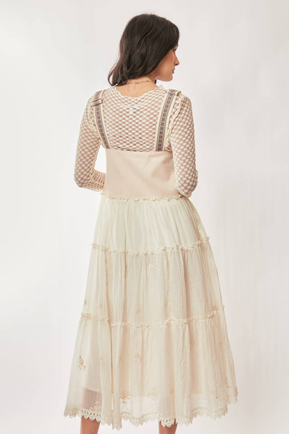 FRONT POCKET EMBROIDERED LACE PINAFORE DRESS
