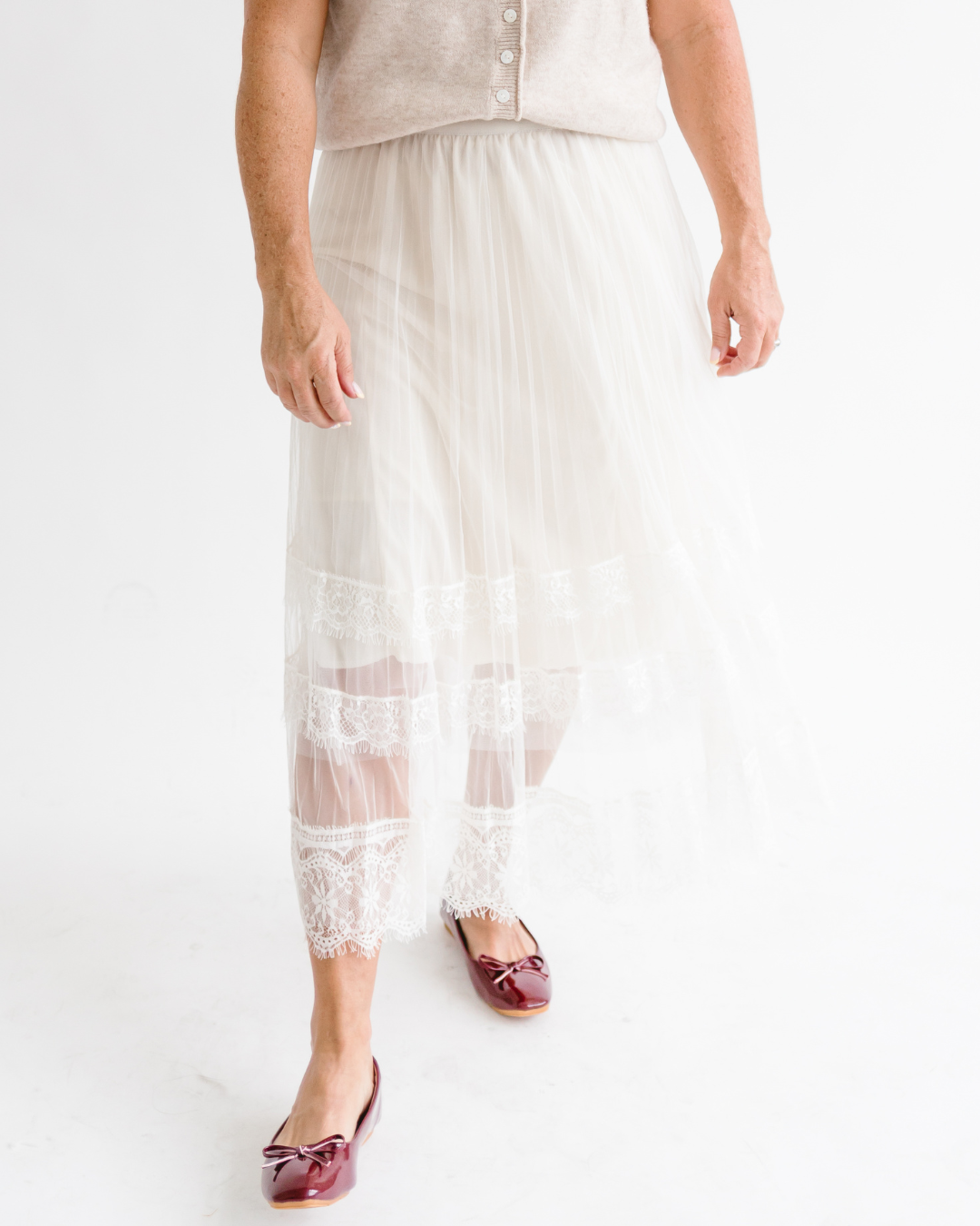 A-Line Mesh Lace Layered Midi Skirt