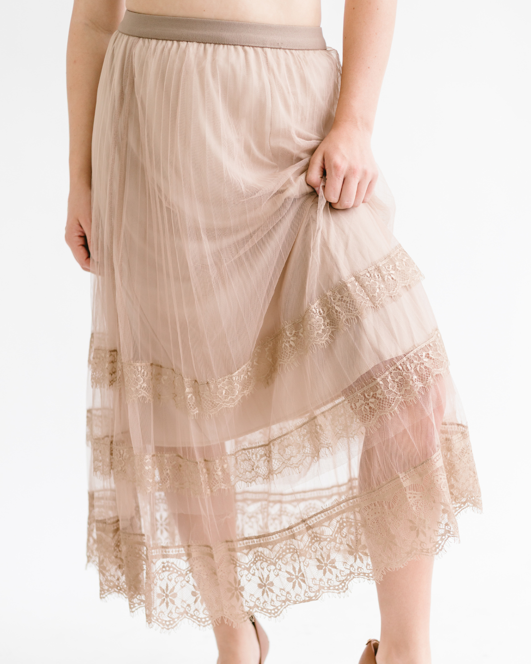 A-Line Mesh Lace Layered Midi Skirt