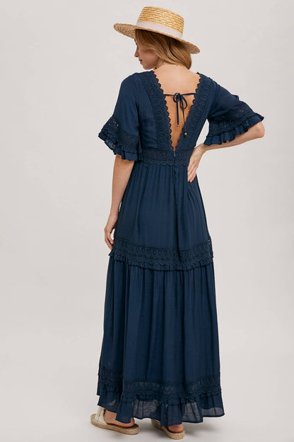 V-NECK LACE TRIM MAXI DRESS