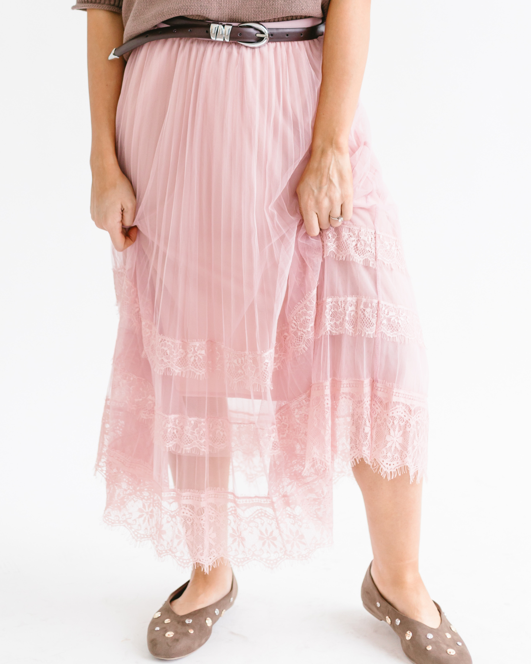 A-Line Mesh Lace Layered Midi Skirt