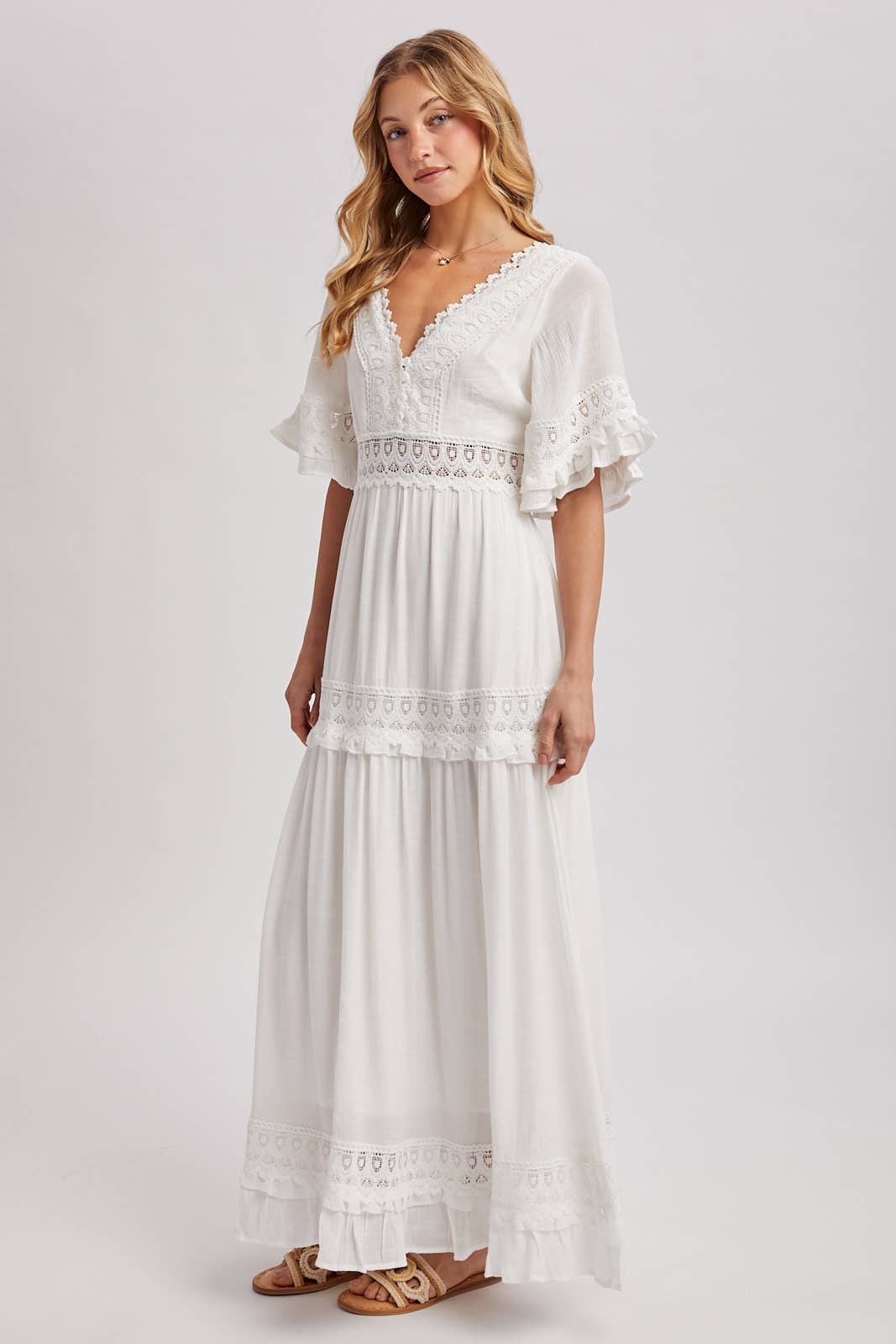 V-NECK LACE TRIM MAXI DRESS