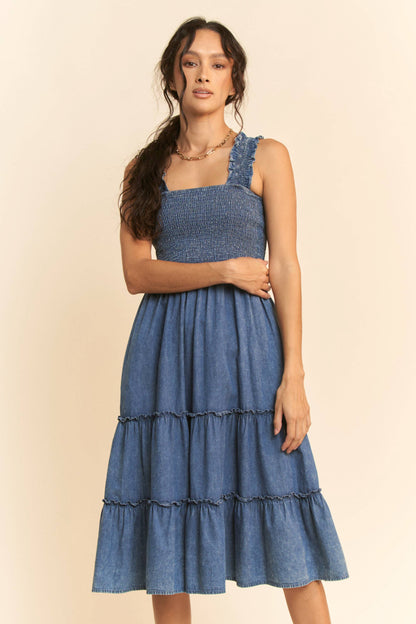 WASHED DENIM SMOCKING STRAPS MIDI DRESS