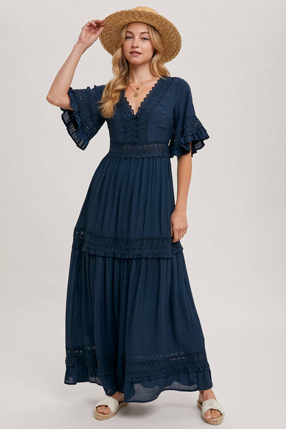 V-NECK LACE TRIM MAXI DRESS
