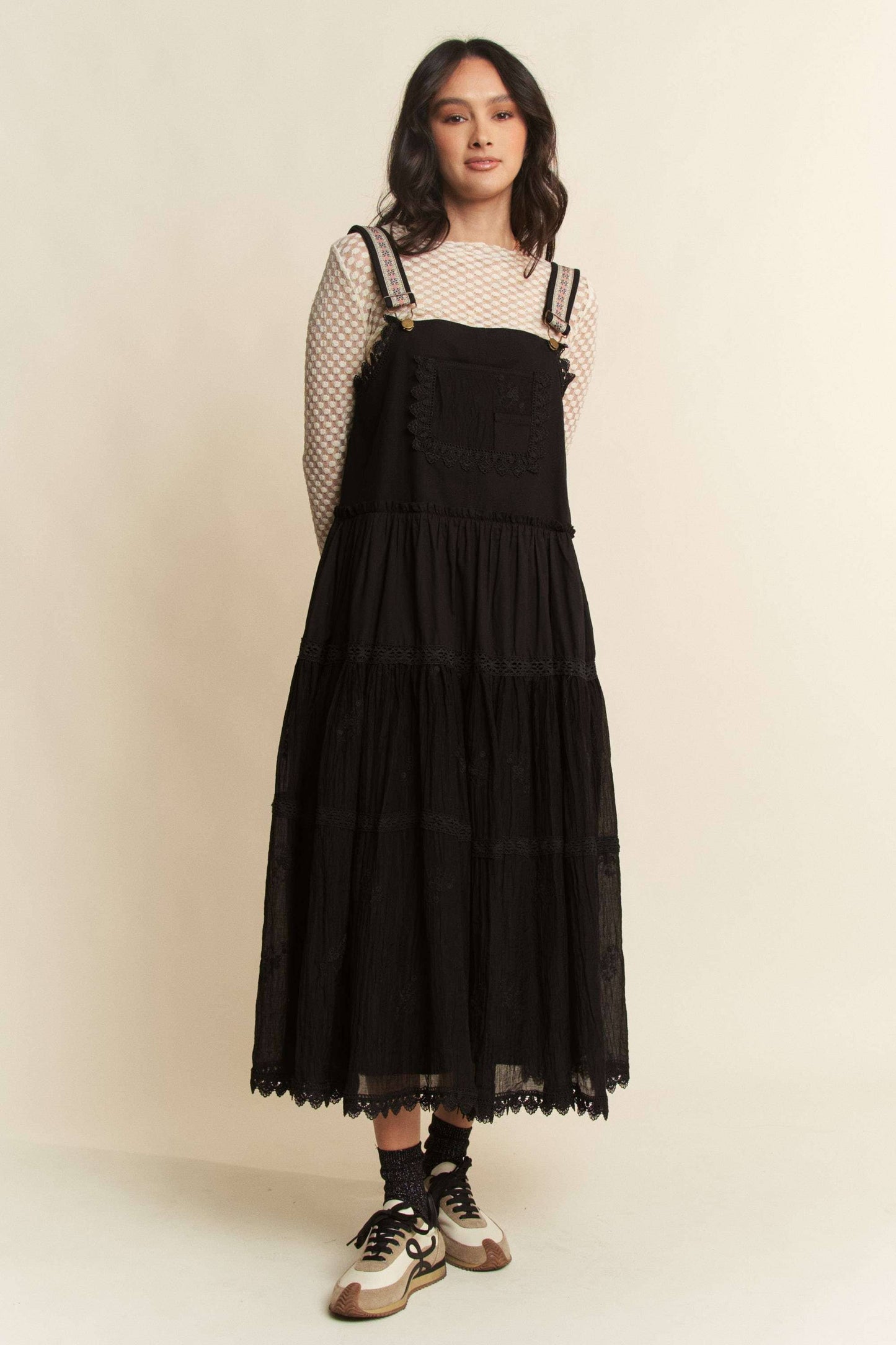 FRONT POCKET EMBROIDERED LACE PINAFORE DRESS
