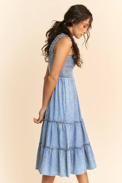 WASHED DENIM SMOCKING STRAPS MIDI DRESS