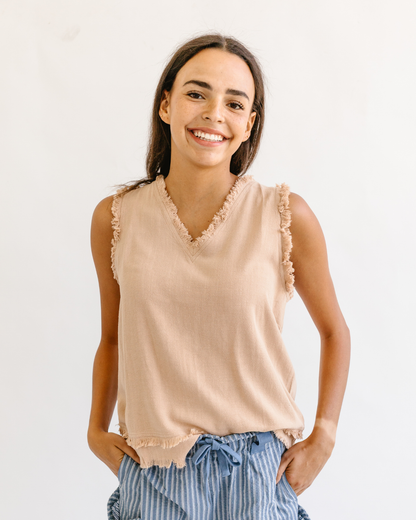Soft Frayed Hem - Sleeveless V-neck