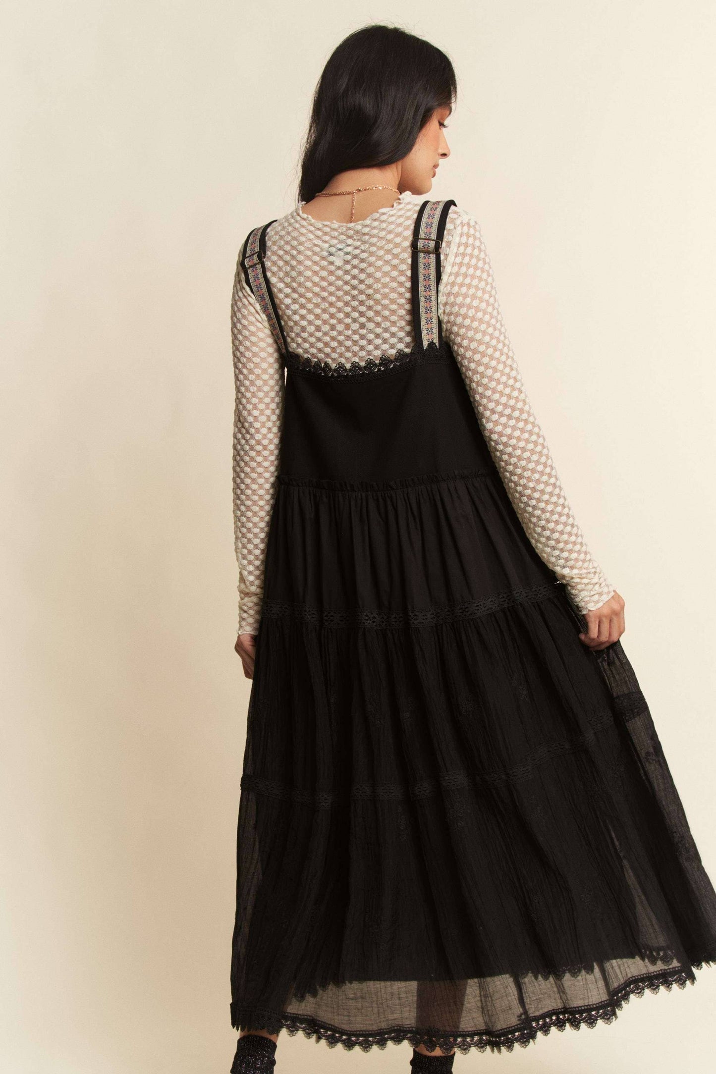 FRONT POCKET EMBROIDERED LACE PINAFORE DRESS