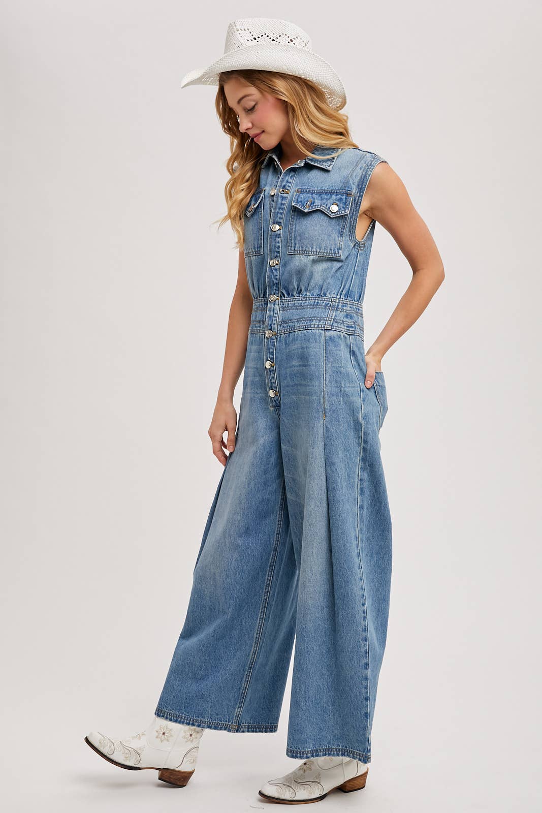 DENIM SLEEVELESS SHIRT JUMPSUIT