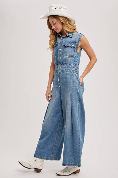 DENIM SLEEVELESS SHIRT JUMPSUIT