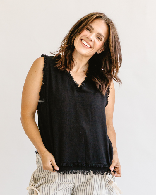 Soft Frayed Hem - Sleeveless V-neck