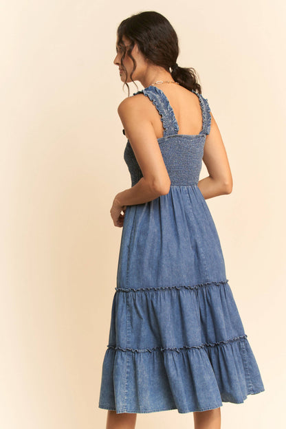 WASHED DENIM SMOCKING STRAPS MIDI DRESS