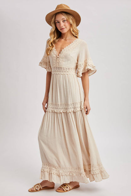 V-NECK LACE TRIM MAXI DRESS