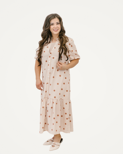 Polka Dot Printed Half Sleeve Ruffle Maxi Dress