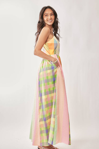 STRIPE PLAID COLOR BLOCKED SMOCKED MIDI DRESS