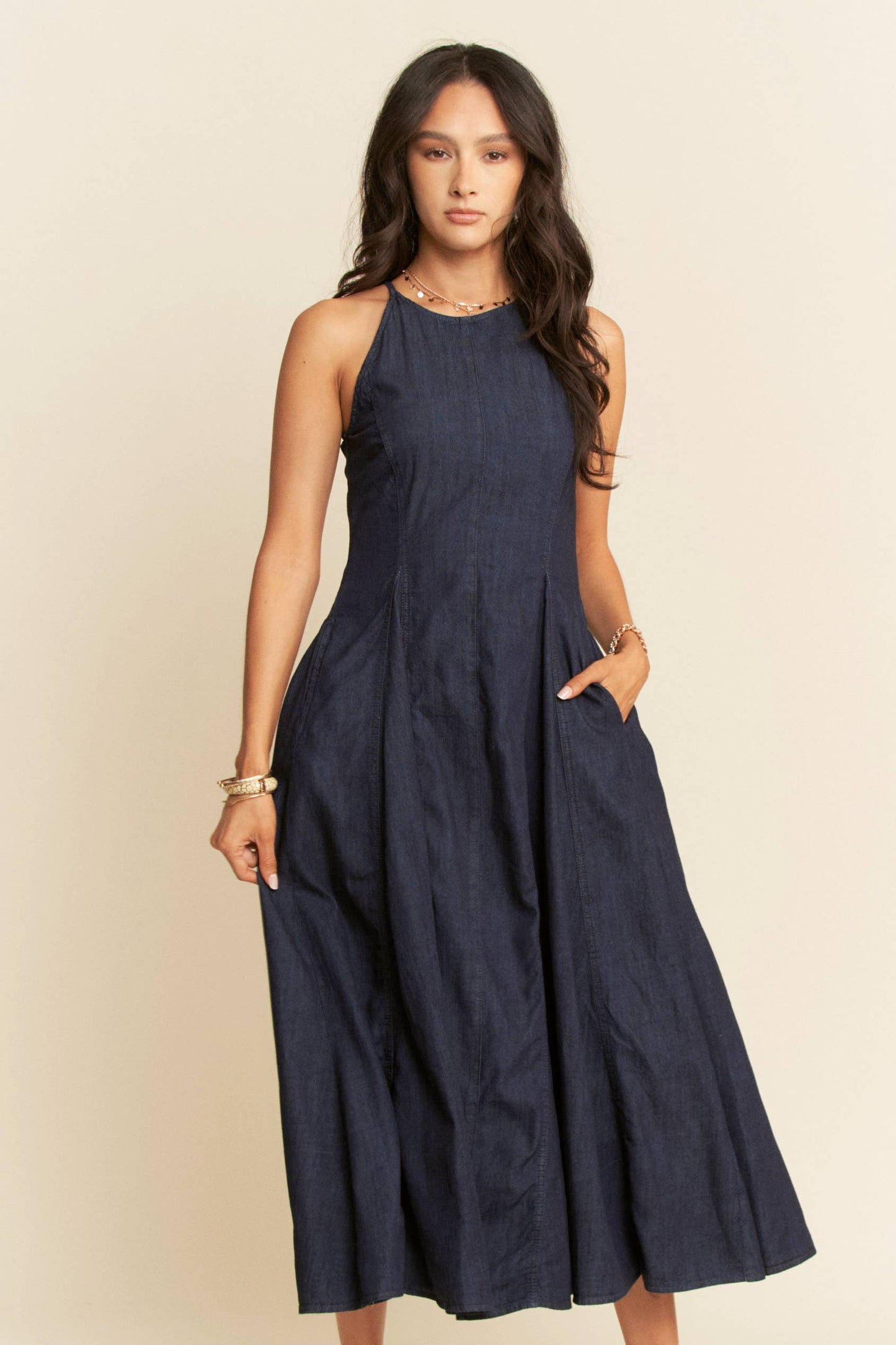 WASHED DENIM SLEEVELESS PANEL FLARE MAXI DRESS