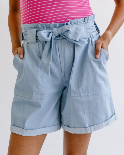 Bermuda Length  Denim Look Paper Bag Shorts