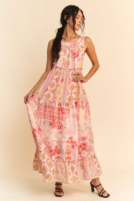 BOHO FLORAL SLEEVELESS TIERED MAXI DRESS