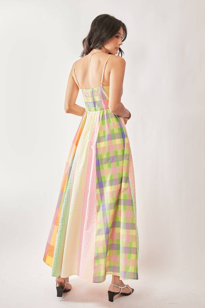 STRIPE PLAID COLOR BLOCKED SMOCKED MIDI DRESS