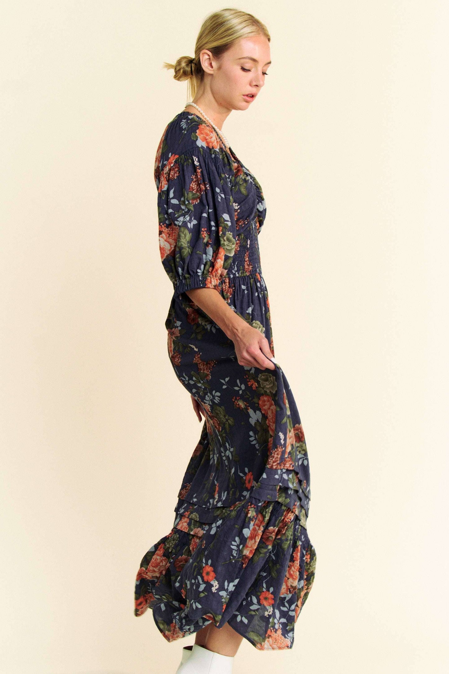 FLORAL THREE QUARTER SLEEVE SMOCKED MAXI DRESS