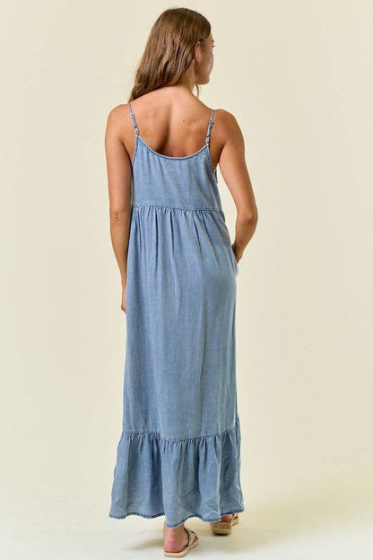 Chambray Tiered Ruffled Skirt Midi Dress