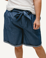 Denim paper bag shorts with a stylish look.