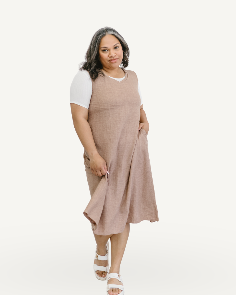 Plus size taupe maxi dress with a solid V-neck design.