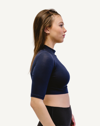 Navy crop top made from soft, breathable fabric. Mock Elbow Sleeve Halftee.