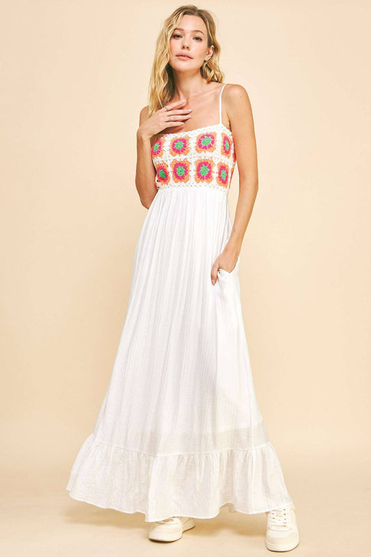 CROCHET BODICE BACK TEXTURED FABRIC MAXI DRESS