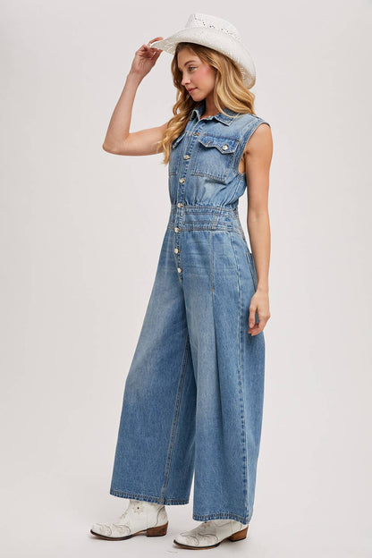 DENIM SLEEVELESS SHIRT JUMPSUIT