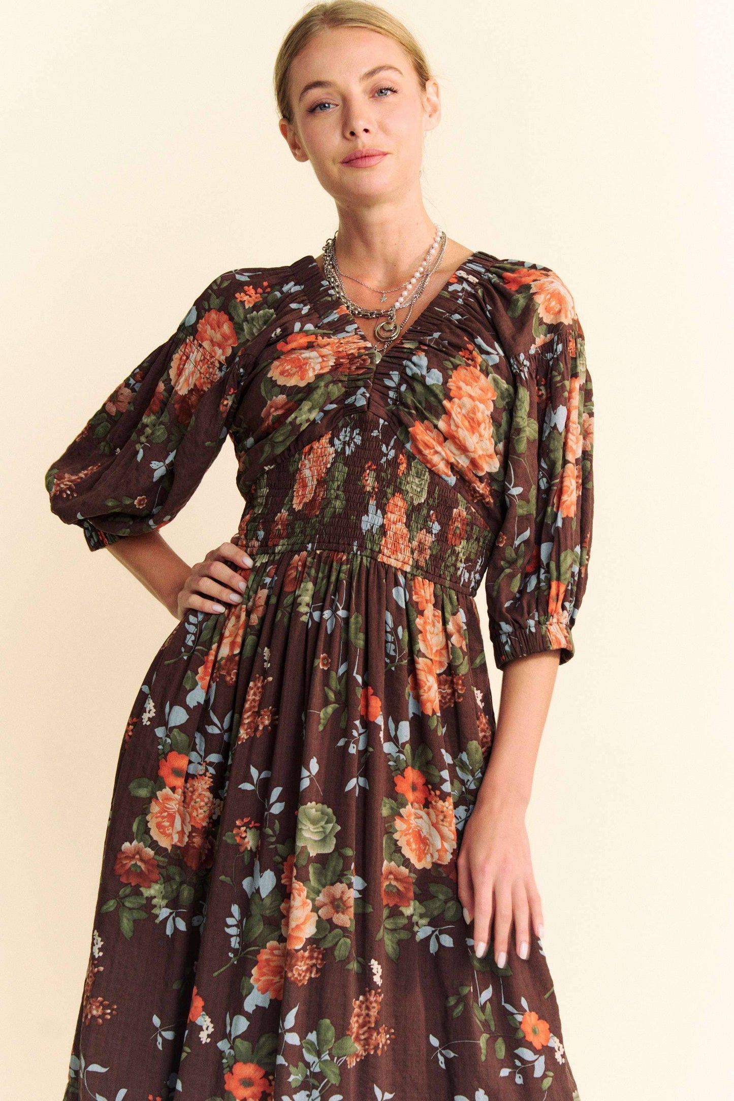 FLORAL THREE QUARTER SLEEVE SMOCKED MAXI DRESS