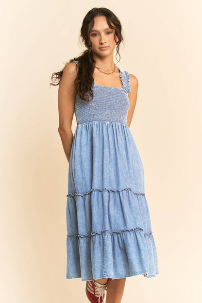 WASHED DENIM SMOCKING STRAPS MIDI DRESS