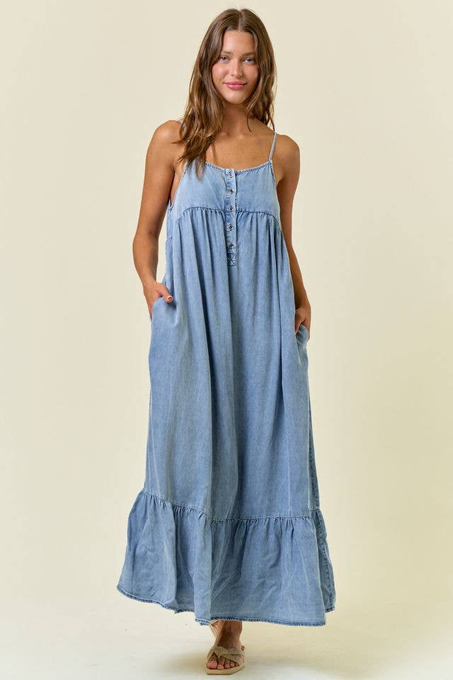 Chambray Tiered Ruffled Skirt Midi Dress