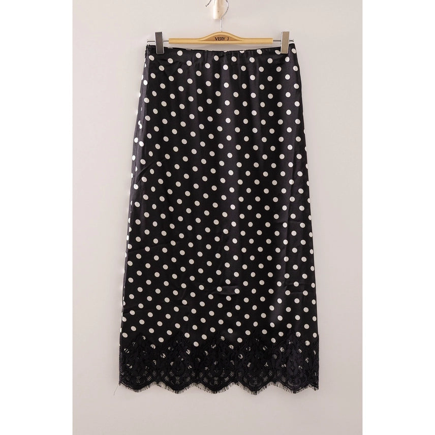 Polk-a-Dot Lace Trim Satin Midi Skirt