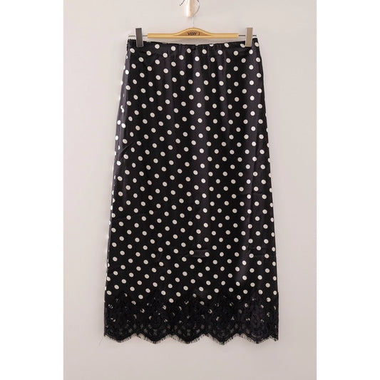 Polk-a-Dot Lace Trim Satin Midi Skirt