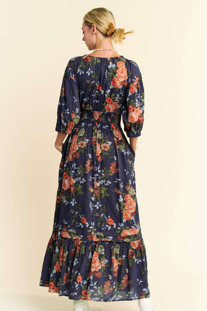 FLORAL THREE QUARTER SLEEVE SMOCKED MAXI DRESS