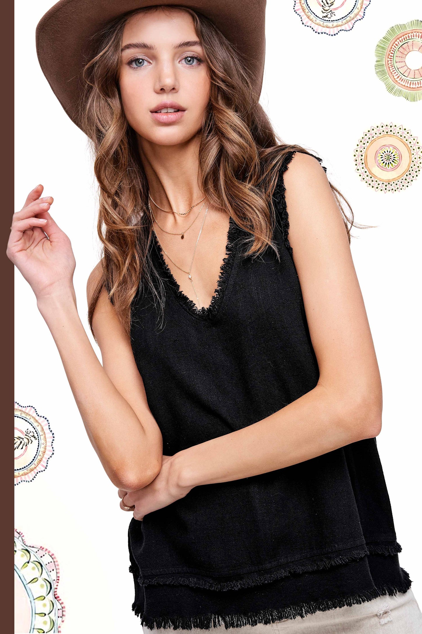 Soft Washed Cut Edge Sleeveless V-neck Top