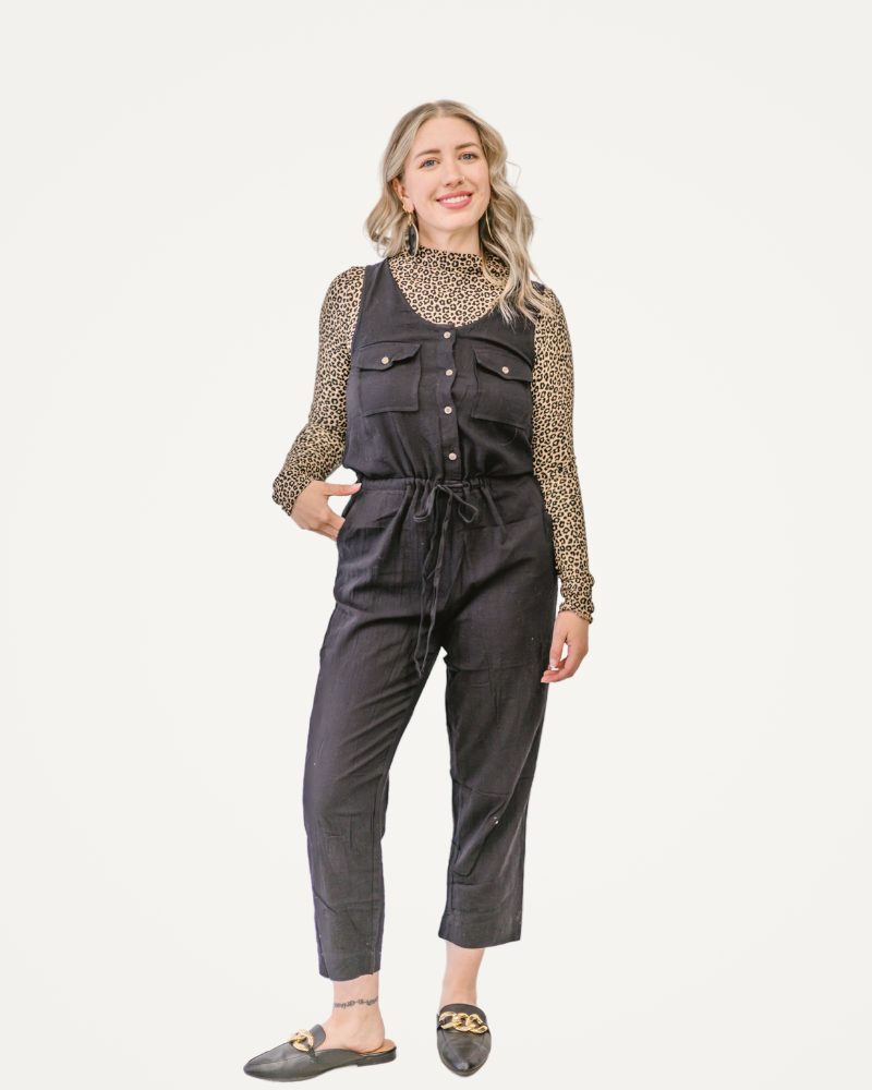 Drawstring Button Down Jumpsuit