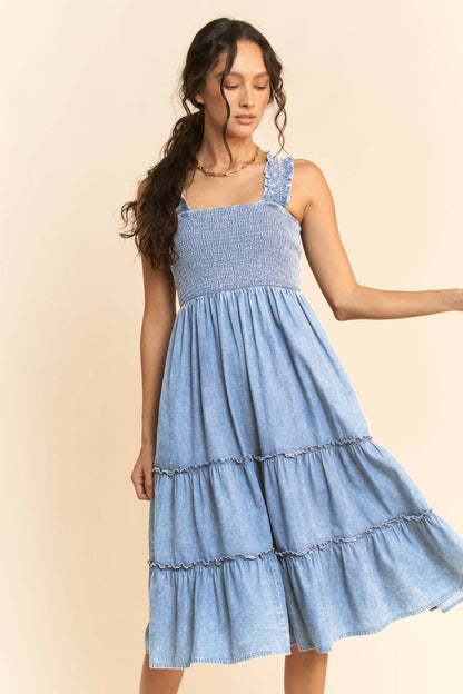 WASHED DENIM SMOCKING STRAPS MIDI DRESS