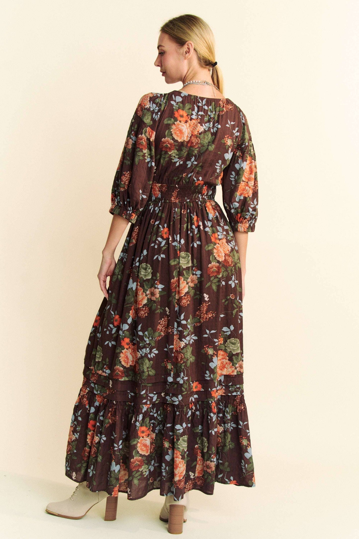 FLORAL THREE QUARTER SLEEVE SMOCKED MAXI DRESS