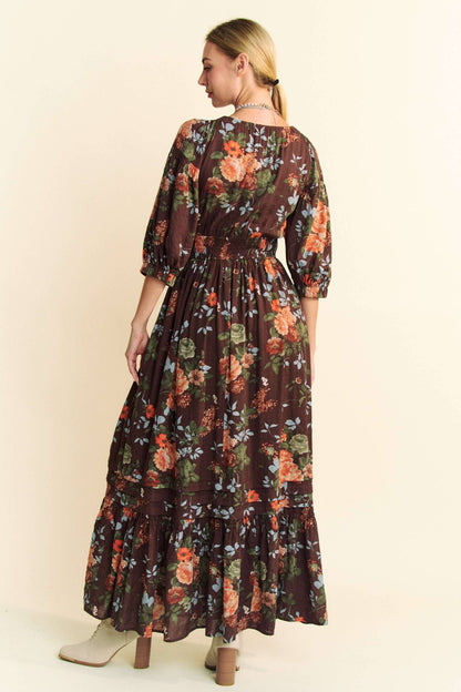 FLORAL THREE QUARTER SLEEVE SMOCKED MAXI DRESS