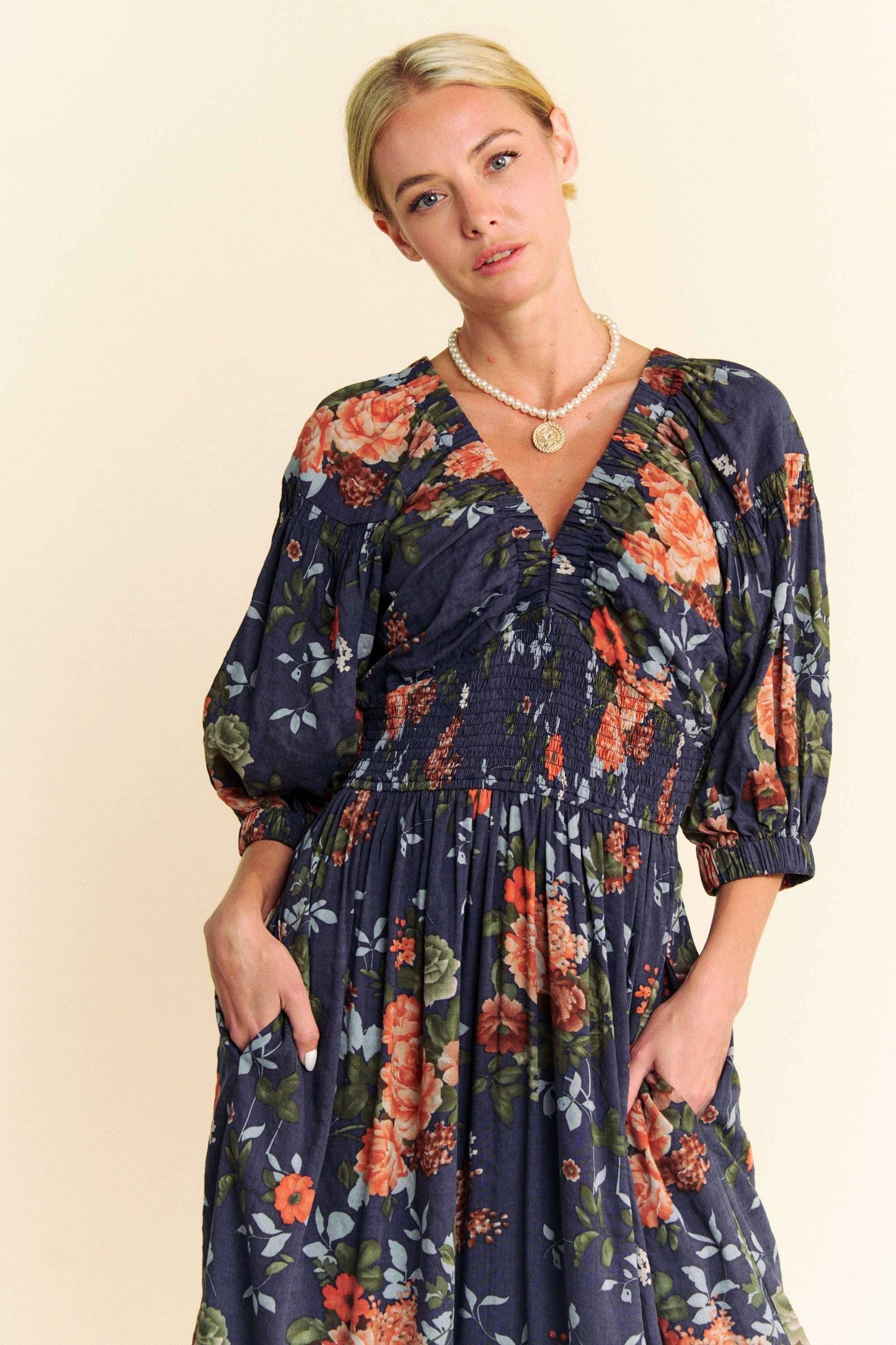 FLORAL THREE QUARTER SLEEVE SMOCKED MAXI DRESS