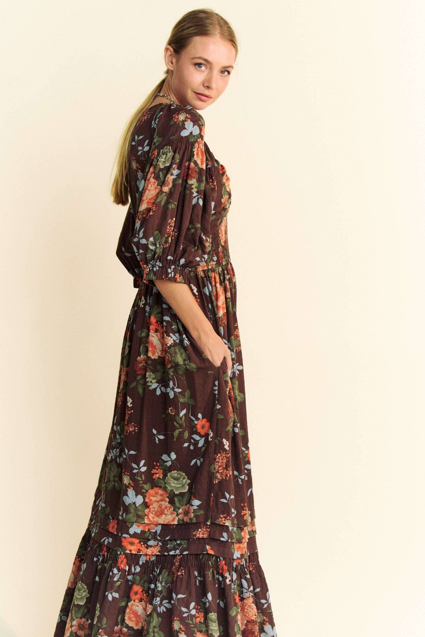 FLORAL THREE QUARTER SLEEVE SMOCKED MAXI DRESS