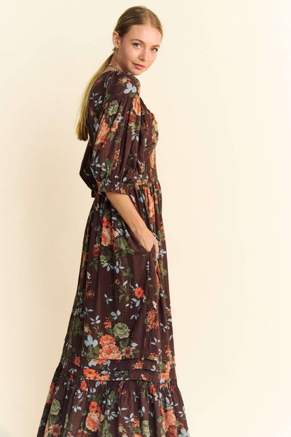FLORAL THREE QUARTER SLEEVE SMOCKED MAXI DRESS